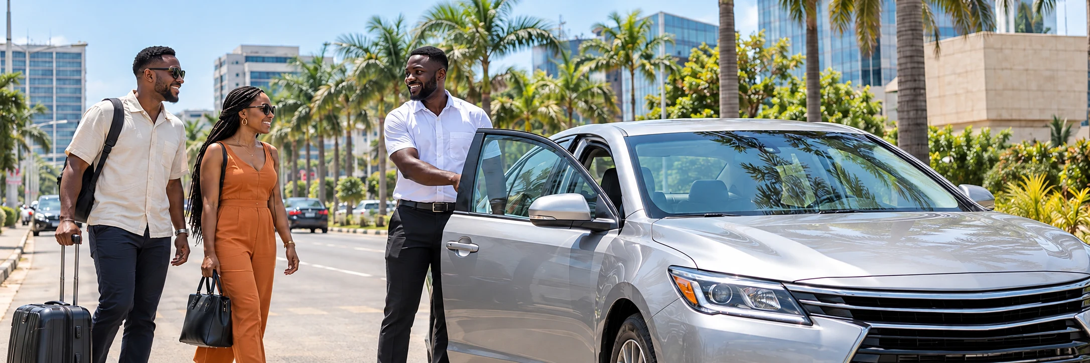 A driver welcomes two travellers beside a silver car on a palm-lined street in Accra